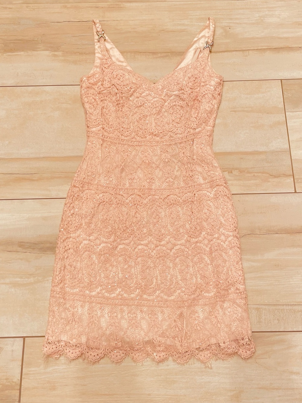 Baby pink beaded lace, sweetheart, rhinestone, scalloped cocktail dress 2